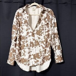 Women's Brown & White Button-Down Shirt - Casual Collared Top